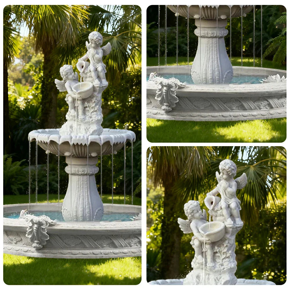SOLARA Natural Sandstone Outdoor Fountain with 1.6m Fish Pond Built-In Circulation Pump Hand-Polished Texture Garden Water Feature