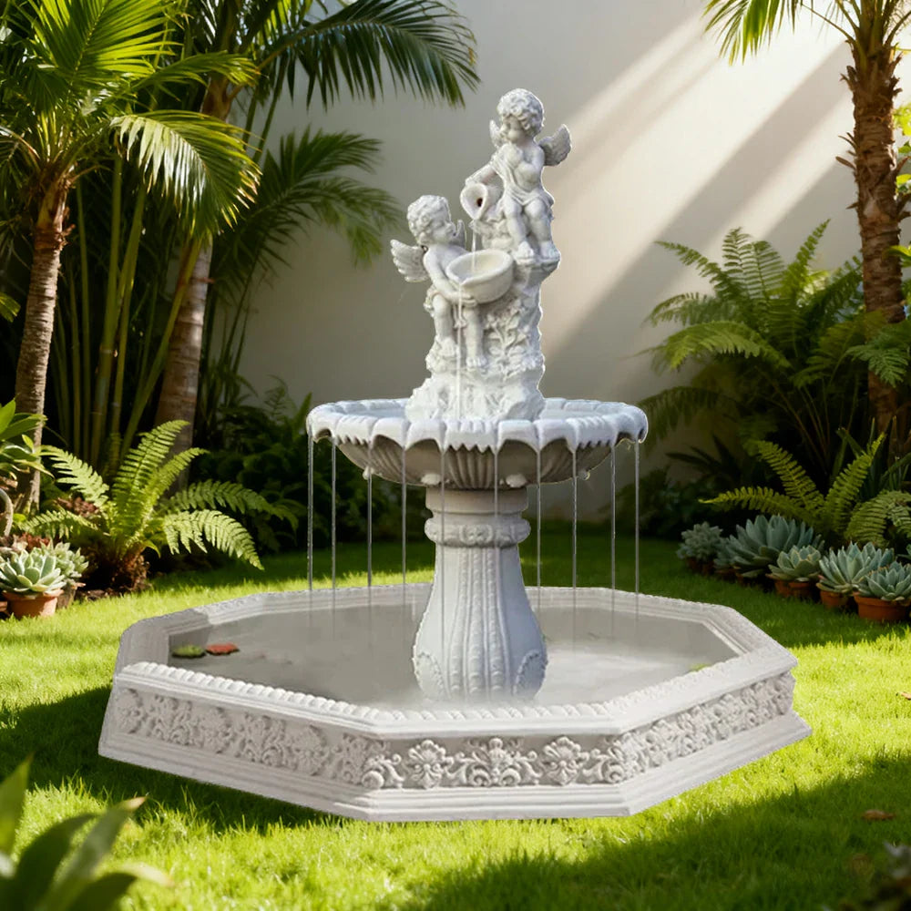 SOLARA Natural Sandstone Outdoor Fountain with 1.9m Fish Pond Built-In Circulation Pump Hand-Polished Texture Garden Water Feature
