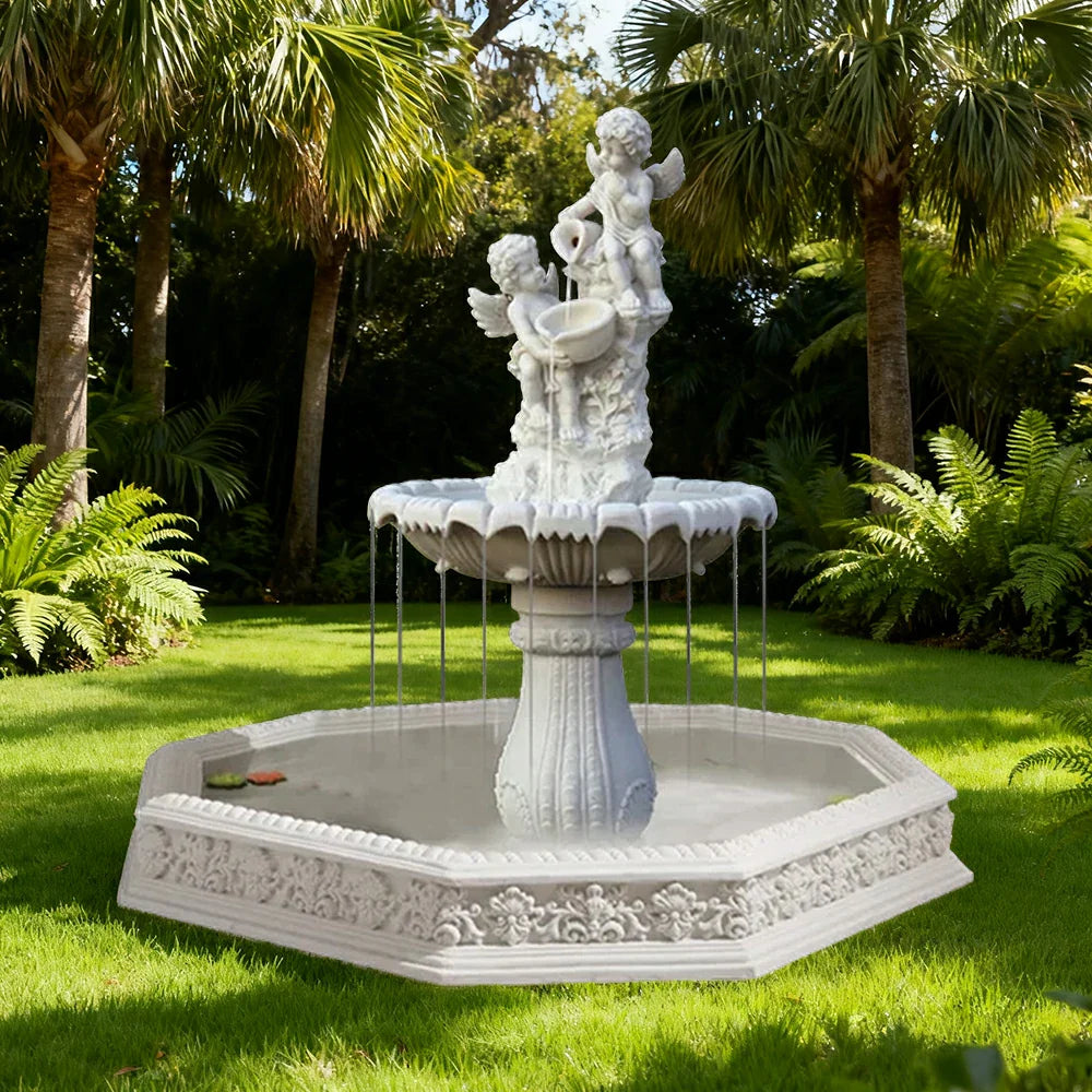 SOLARA Natural Sandstone Outdoor Fountain with 1.9m Fish Pond Built-In Circulation Pump Hand-Polished Texture Garden Water Feature
