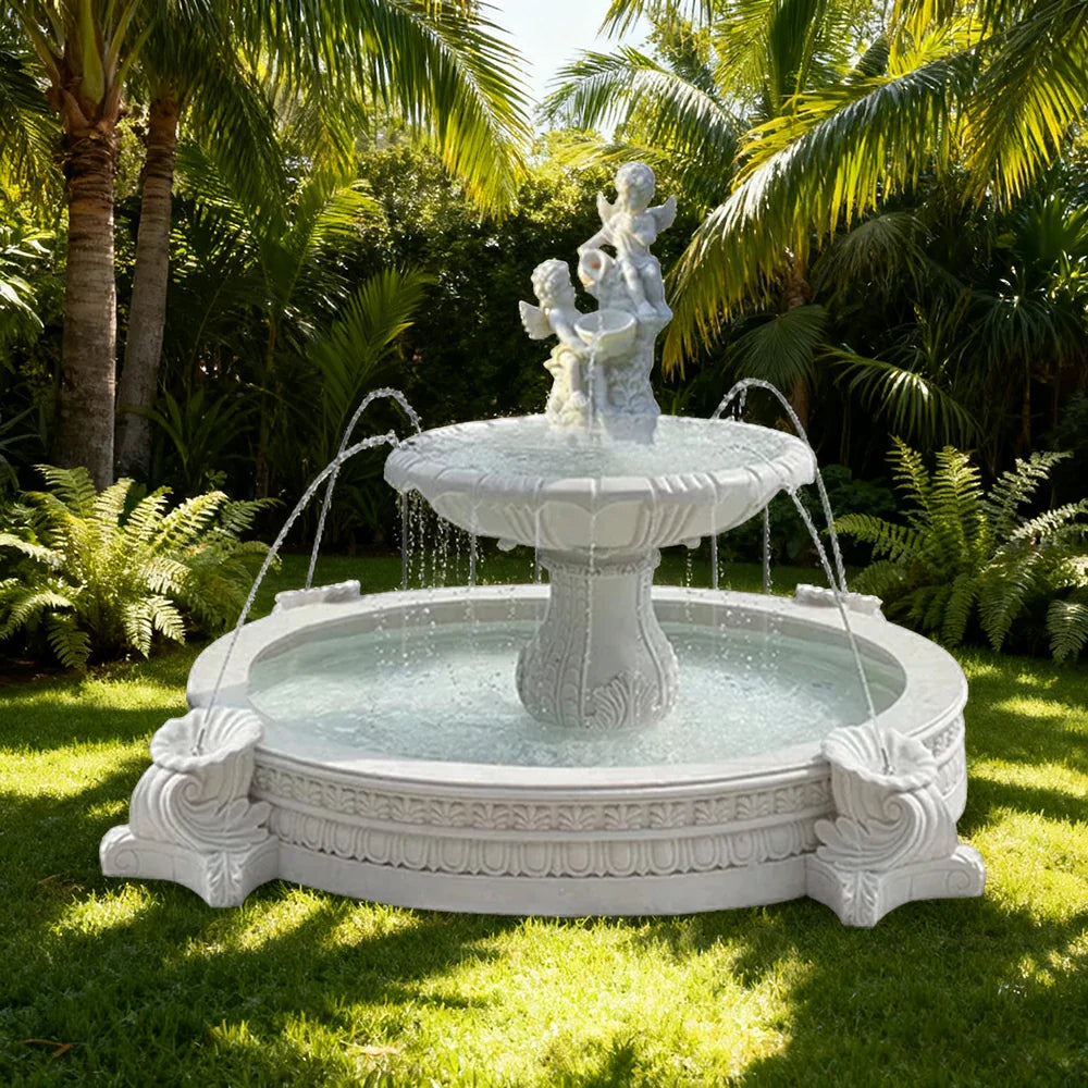 SOLARA Natural Sandstone Outdoor Fountain with 2.4m Fish Pond Built-In Circulation Pump Hand-Polished Texture Garden Water Feature