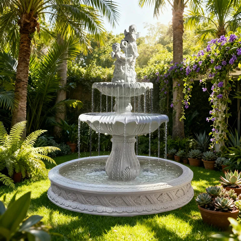 SOLARA Natural Sandstone Outdoor Fountain with 1.5m Fish Pond Built-In Pump Smooth Sandstone Finish Elegant Water Feature