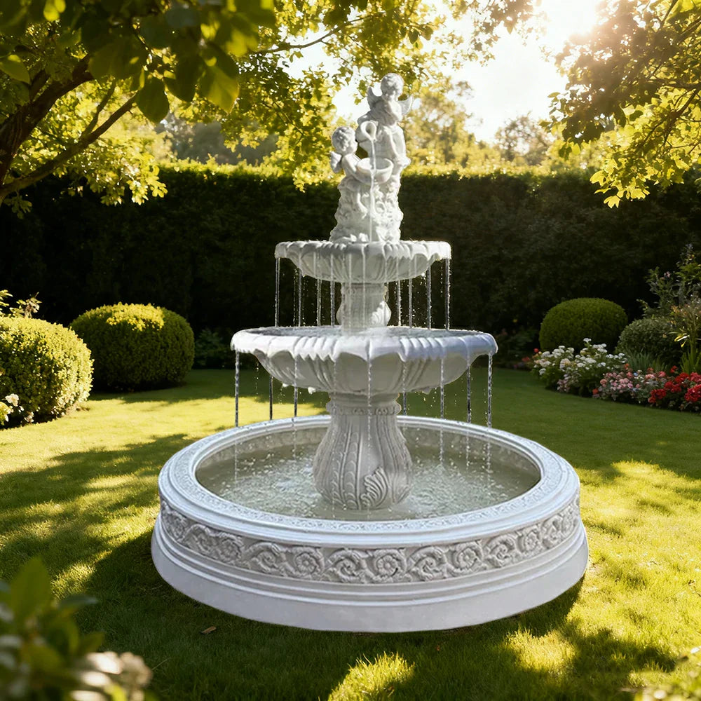 SOLARA Natural Sandstone Outdoor Fountain with 1.7m Fish Pond Built-In Pump Smooth Sandstone Finish Elegant Water Feature