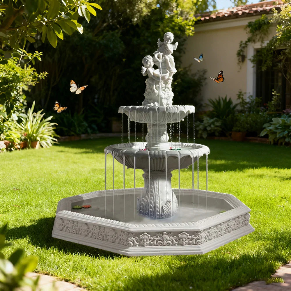 SOLARA Natural Sandstone Outdoor Fountain with 1.9m Fish Pond Built-In Pump Smooth Sandstone Finish Elegant Water Feature