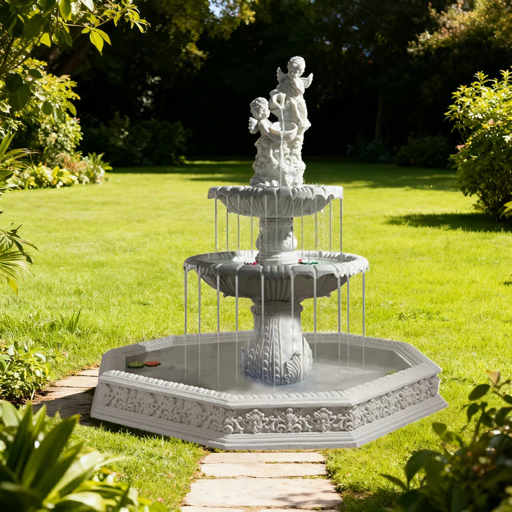 SOLARA Natural Sandstone Outdoor Fountain with 1.9m Fish Pond Built-In Pump Smooth Sandstone Finish Elegant Water Feature