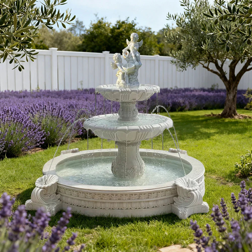 SOLARA Natural Sandstone Outdoor Fountain with 2.4m Fish Pond Built-In Pump Smooth Sandstone Finish Elegant Water Feature