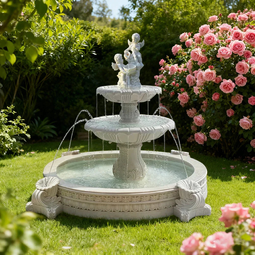 SOLARA Natural Sandstone Outdoor Fountain with 2.4m Fish Pond Built-In Pump Smooth Sandstone Finish Elegant Water Feature