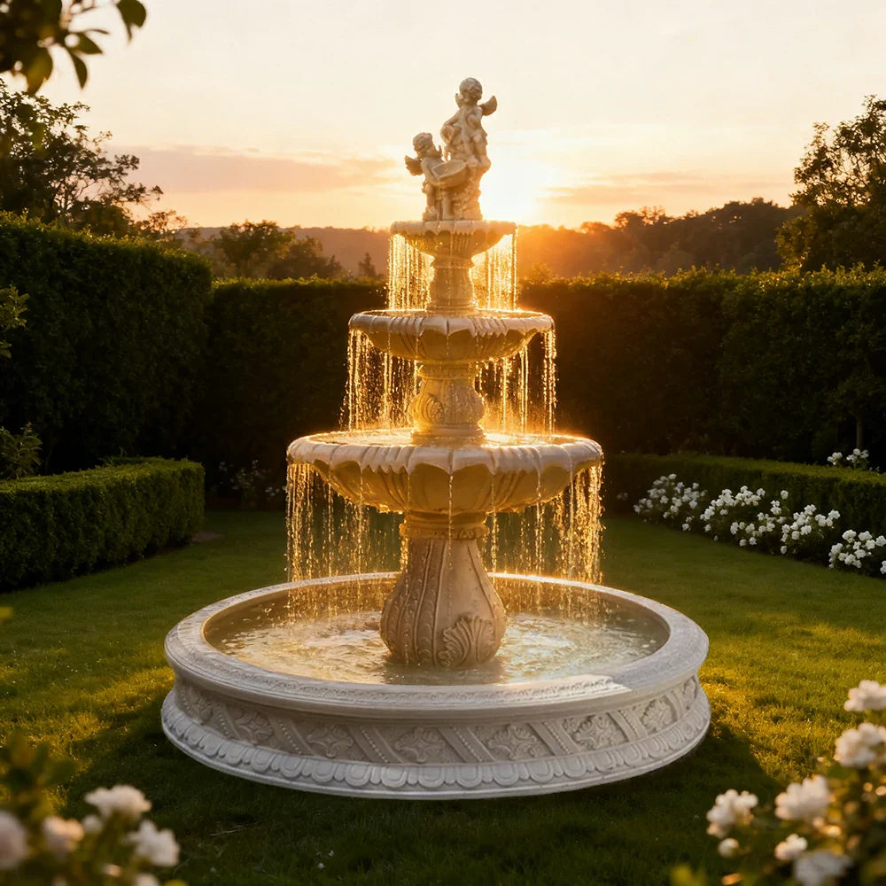 SOLARA Natural Sandstone Outdoor Fountain with 1.5m Fish Pond Hand-Polished Texture Continuous Water Flow Garden Centrepiece
