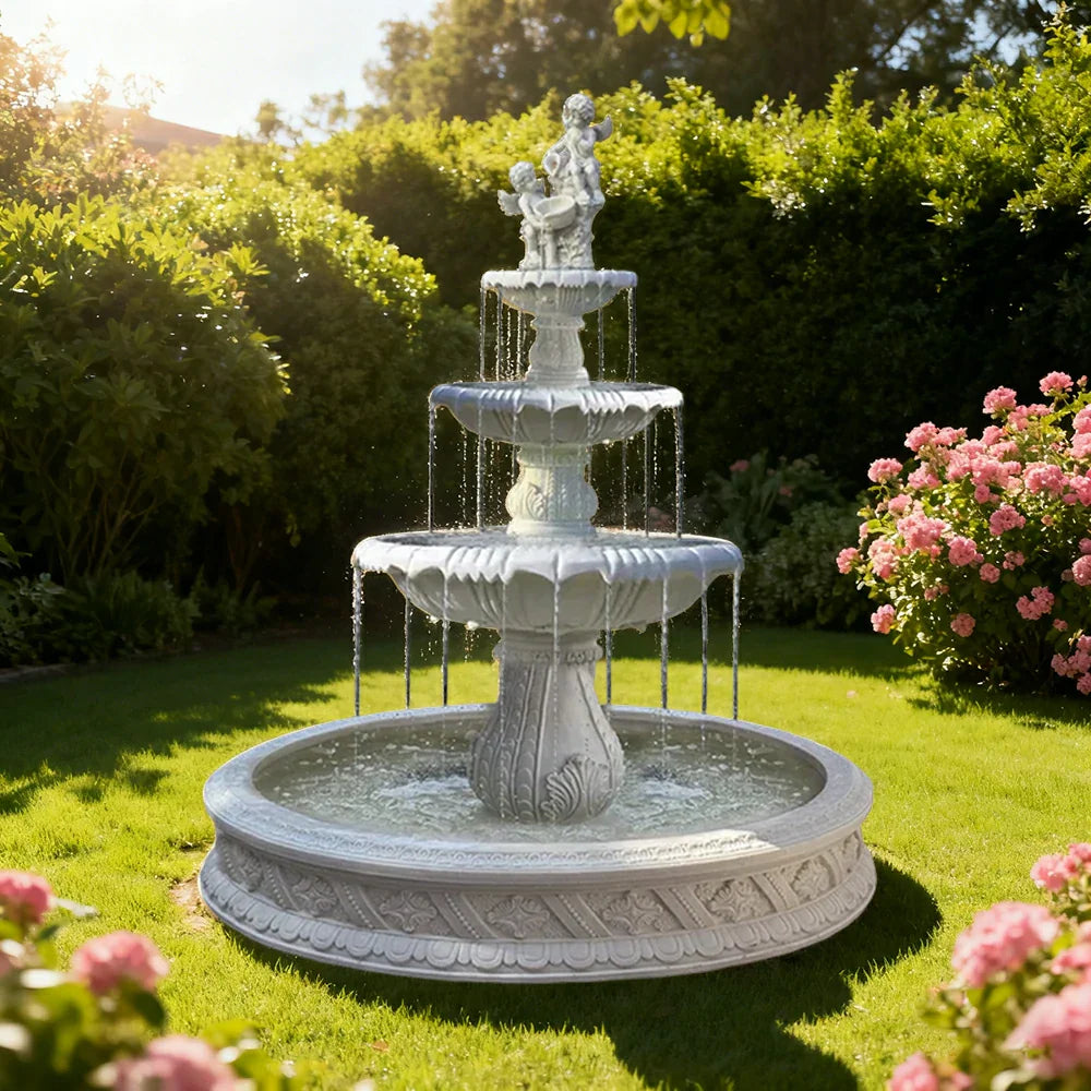 SOLARA Natural Sandstone Outdoor Fountain with 1.5m Fish Pond Hand-Polished Texture Continuous Water Flow Garden Centrepiece