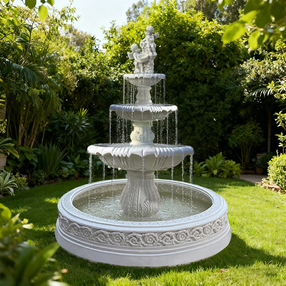 SOLARA Natural Sandstone Outdoor Fountain with 1.7m Fish Pond Hand-Polished Texture Continuous Water Flow Garden Centrepiece