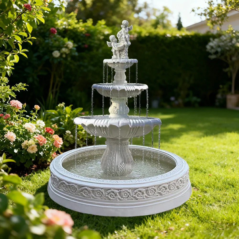 SOLARA Natural Sandstone Outdoor Fountain with 1.7m Fish Pond Hand-Polished Texture Continuous Water Flow Garden Centrepiece