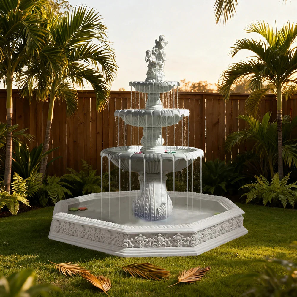 SOLARA Natural Sandstone Outdoor Fountain with 1.9m Fish Pond Hand-Polished Texture Continuous Water Flow Garden Centrepiece