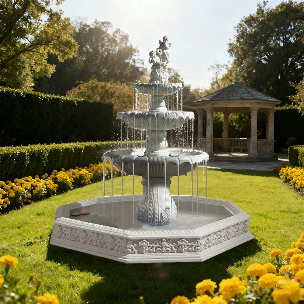 SOLARA Natural Sandstone Outdoor Fountain with 1.9m Fish Pond Hand-Polished Texture Continuous Water Flow Garden Centrepiece