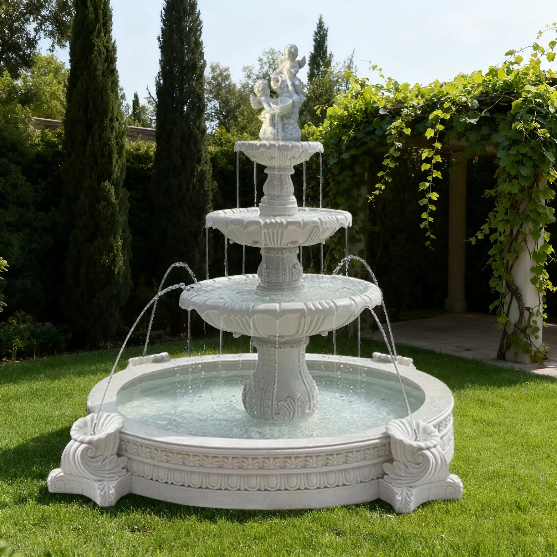 SOLARA Natural Sandstone Outdoor Fountain with 2.4m Fish Pond Hand-Polished Texture Continuous Water Flow Garden Centrepiece