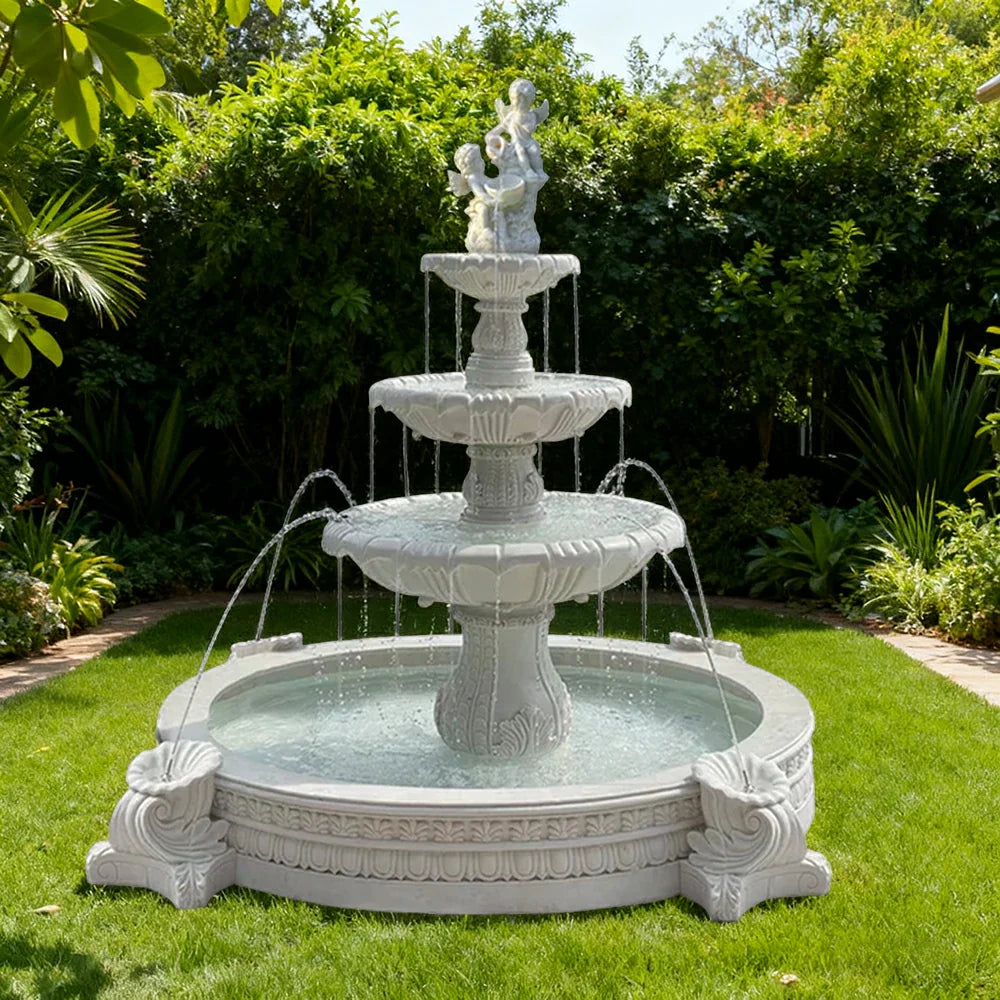 SOLARA Natural Sandstone Outdoor Fountain with 2.4m Fish Pond Hand-Polished Texture Continuous Water Flow Garden Centrepiece