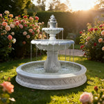 SOLARA Natural Sandstone Outdoor Fountain with 1.5m Fish Pond Carved Stone Detail Built-In Circulation Outdoor Garden Feature