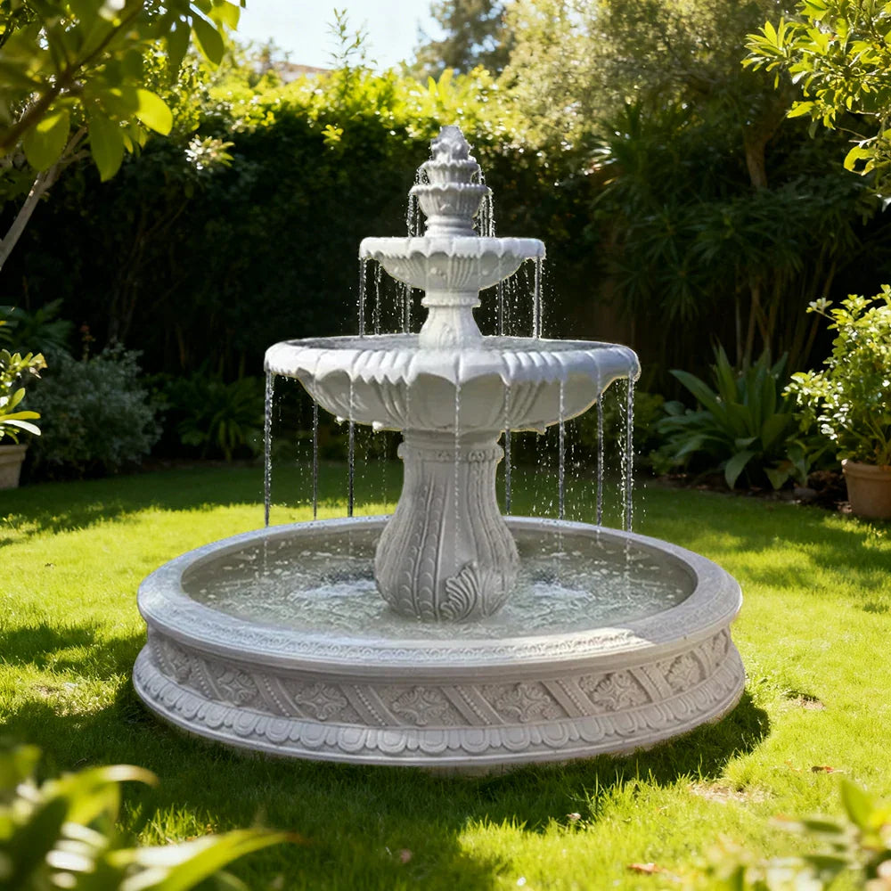 SOLARA Natural Sandstone Outdoor Fountain with 1.5m Fish Pond Carved Stone Detail Built-In Circulation Outdoor Garden Feature