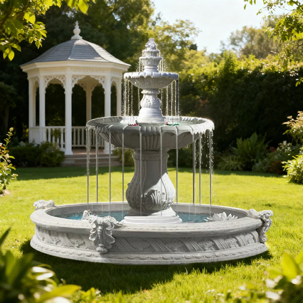 SOLARA Natural Sandstone Outdoor Fountain with 1.6m Fish Pond Carved Stone Detail Built-In Circulation Outdoor Garden Feature