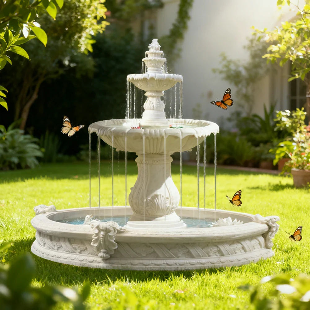 SOLARA Natural Sandstone Outdoor Fountain with 1.6m Fish Pond Carved Stone Detail Built-In Circulation Outdoor Garden Feature
