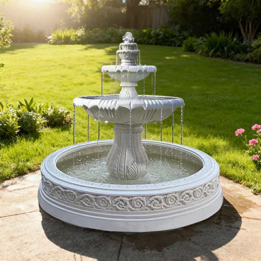 SOLARA Natural Sandstone Outdoor Fountain with 1.7m Fish Pond Carved Stone Detail Built-In Circulation Garden Feature