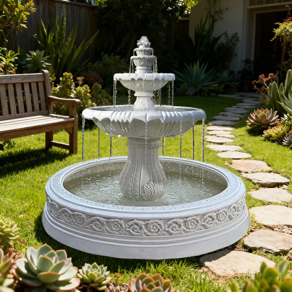SOLARA Natural Sandstone Outdoor Fountain with 1.7m Fish Pond Carved Stone Detail Built-In Circulation Garden Feature