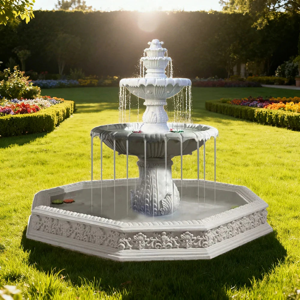 SOLARA Natural Sandstone Outdoor Fountain with 1.9m Fish Pond Carved Stone Detail Built-In Circulation Garden Feature