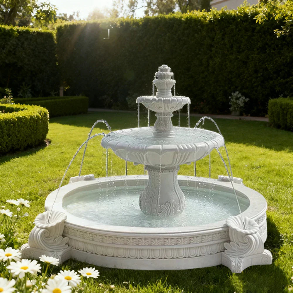 SOLARA Natural Sandstone Outdoor Fountain with 2.4m Fish Pond Carved Stone Detail Built-In Circulation Garden Feature