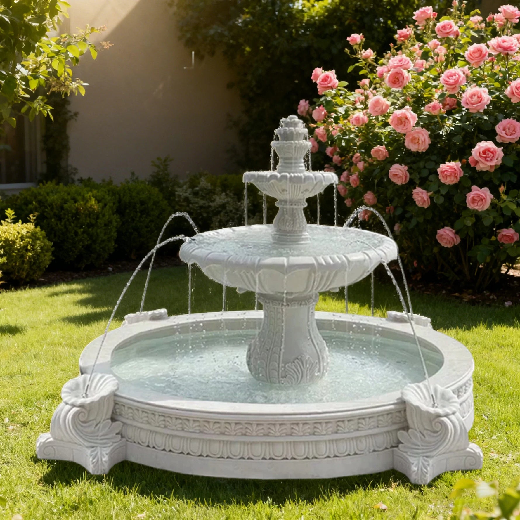SOLARA Natural Sandstone Outdoor Fountain with 2.4m Fish Pond Carved Stone Detail Built-In Circulation Garden Feature