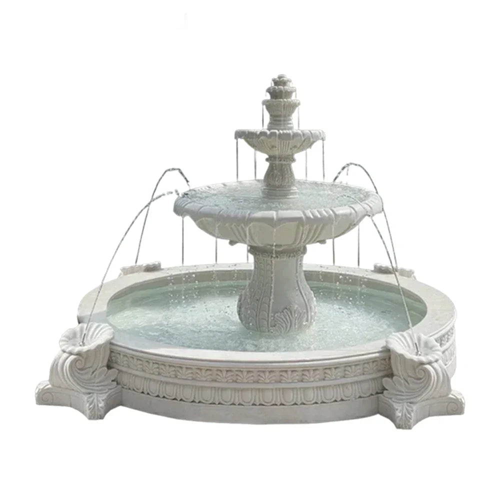 SOLARA Natural Sandstone Outdoor Fountain with 2.4m Fish Pond Carved Stone Detail Built-In Circulation Garden Feature