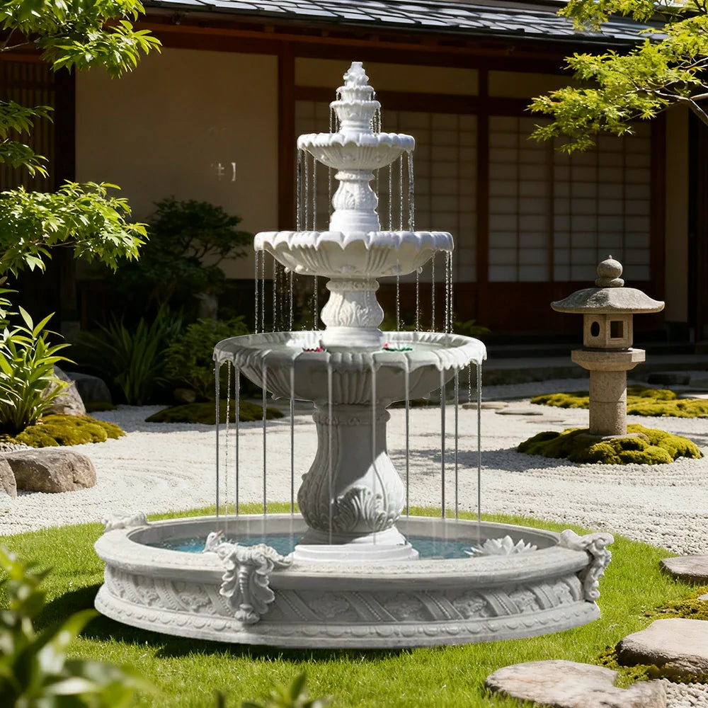 SOLARA Natural Sandstone Outdoor Fountain with 1.6m Fish Pond Built-In Circulation Pump Smooth Stone Texture Pond & Fountain Feature