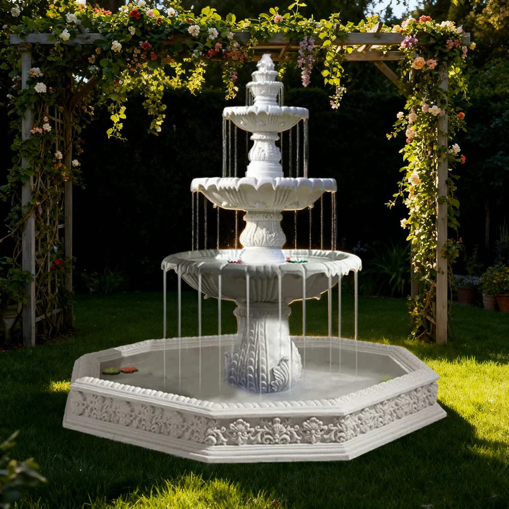 SOLARA Natural Sandstone Outdoor Fountain with 1.9m Fish Pond Built-In Circulation Pump Smooth Stone Texture Pond & Fountain Feature