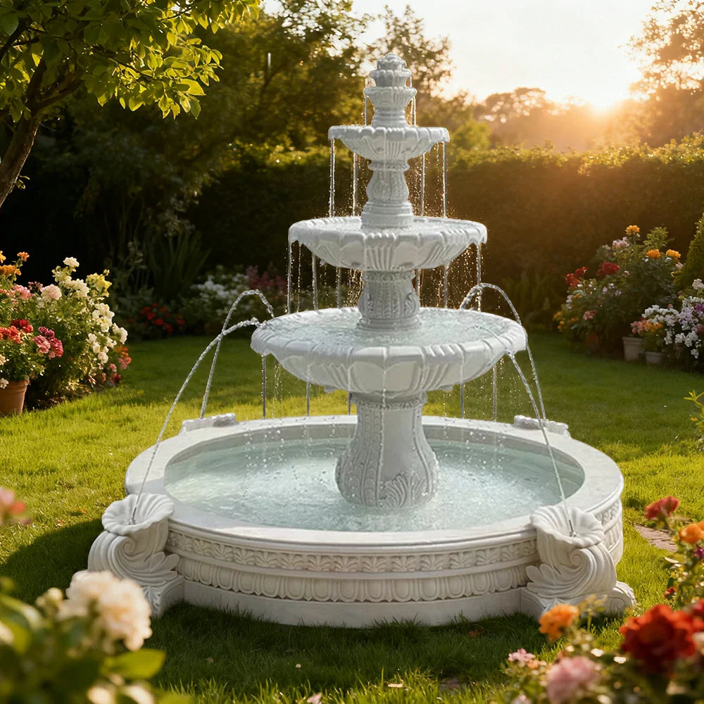 SOLARA Natural Sandstone Outdoor Fountain with 2.4m Fish Pond Built-In Circulation Pump Smooth Stone Texture Pond & Fountain Feature