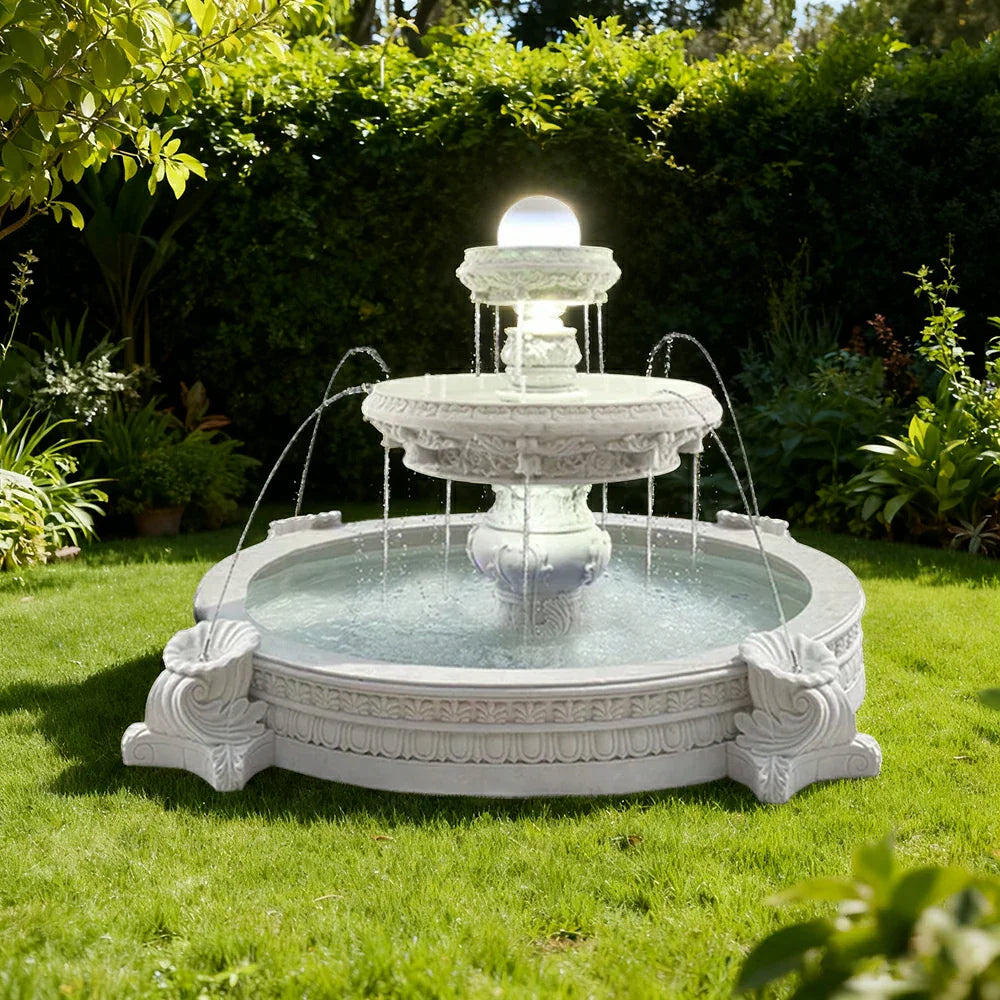 SOLARA Natural Sandstone Outdoor Fountain with 2.4m Fish Pond Built-In Circulation Pump Polished Natural Stone Garden Centre Feature