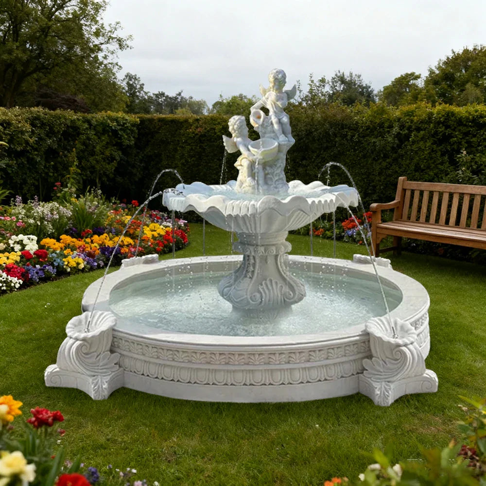 SOLARA Natural Sandstone Outdoor Fountain with 2.4m Fish Pond Hand-Polished Texture Calm Water Flow Garden Highlight