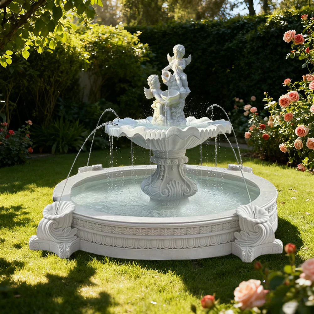 SOLARA Natural Sandstone Outdoor Fountain with 2.4m Fish Pond Hand-Polished Texture Calm Water Flow Garden Highlight