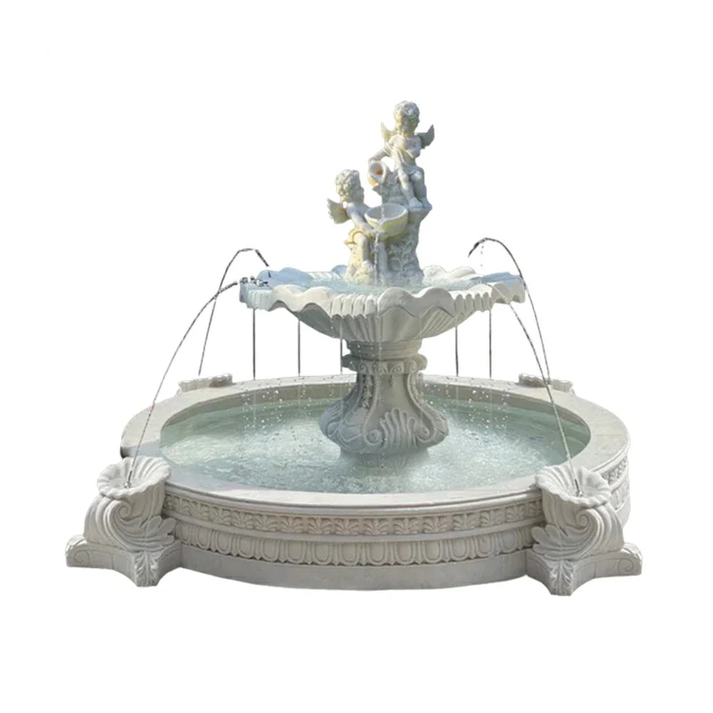 SOLARA Natural Sandstone Outdoor Fountain with 2.4m Fish Pond Hand-Polished Texture Calm Water Flow Garden Highlight