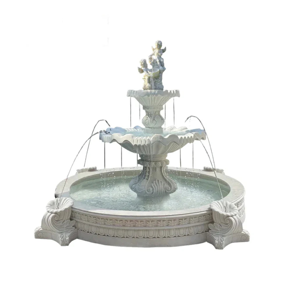 SOLARA Natural Sandstone Outdoor Fountain with 2.4m Fish Pond Circulation Pump System Exterior Water Feature Smooth Carved Stone