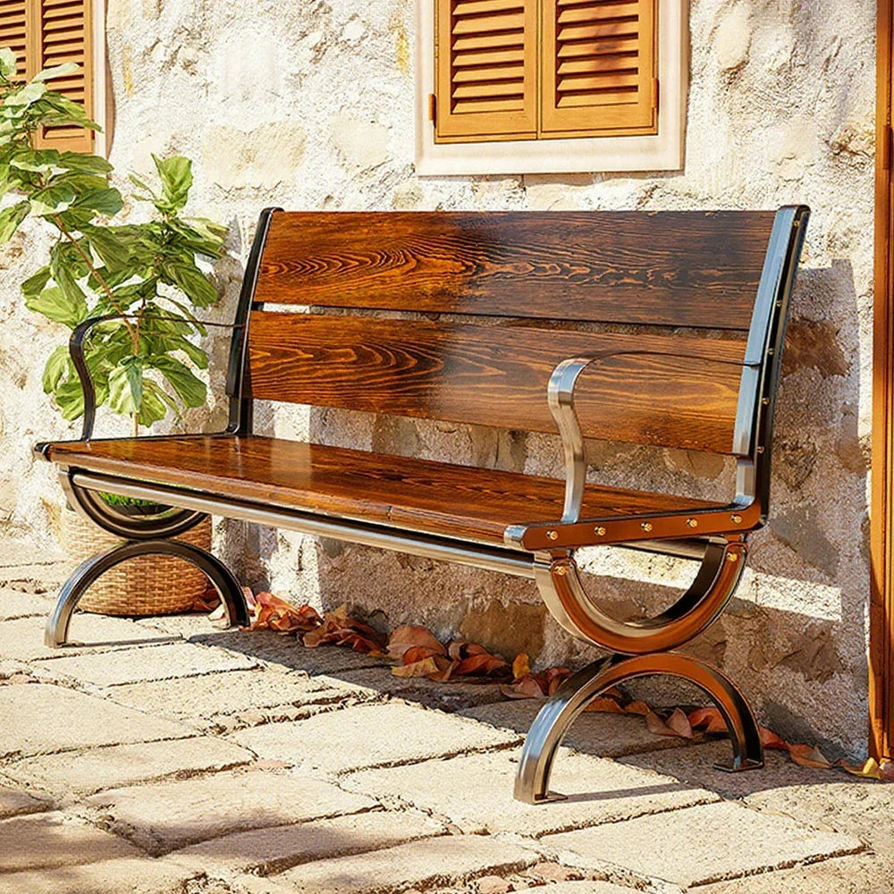 SOLARA Outdoor Seating, Frame - Reinforced with Garden Backrest Bench Patio - Metal for Wooden Structure Courtyard Durable 150cm Solid Use Brown