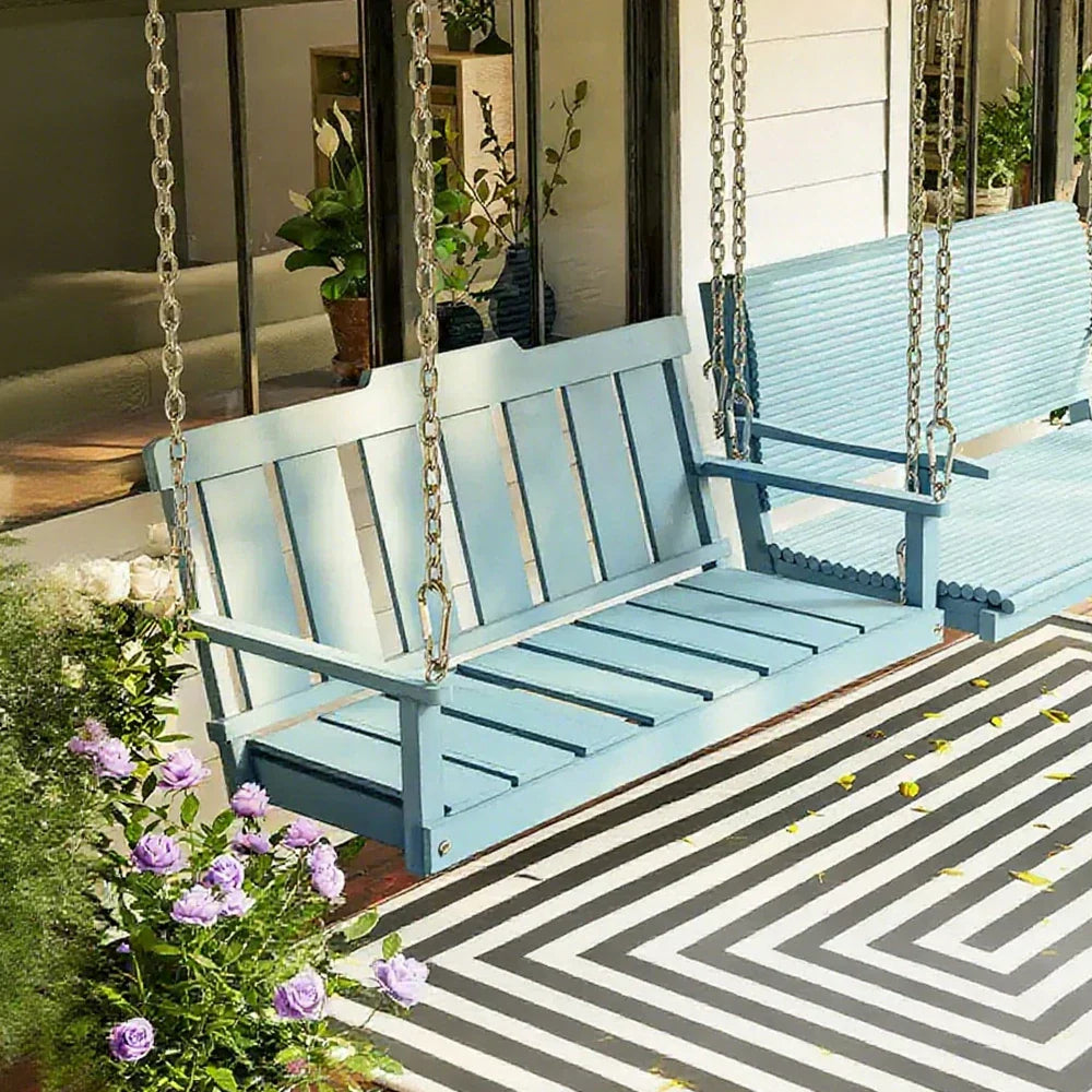 SOLARA Outdoor Backrest with with Finnish Solid Chain, Wood Steel Stainless Patio Relaxation Hanging Garden Chair Swing 120cm - Seat Blue