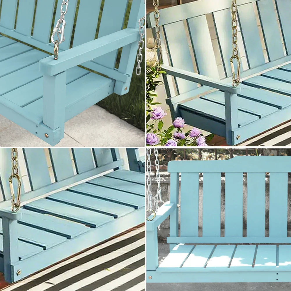 SOLARA Outdoor Backrest with with Finnish Solid Chain, Wood Steel Stainless Patio Relaxation Hanging Garden Chair Swing 120cm - Seat Blue