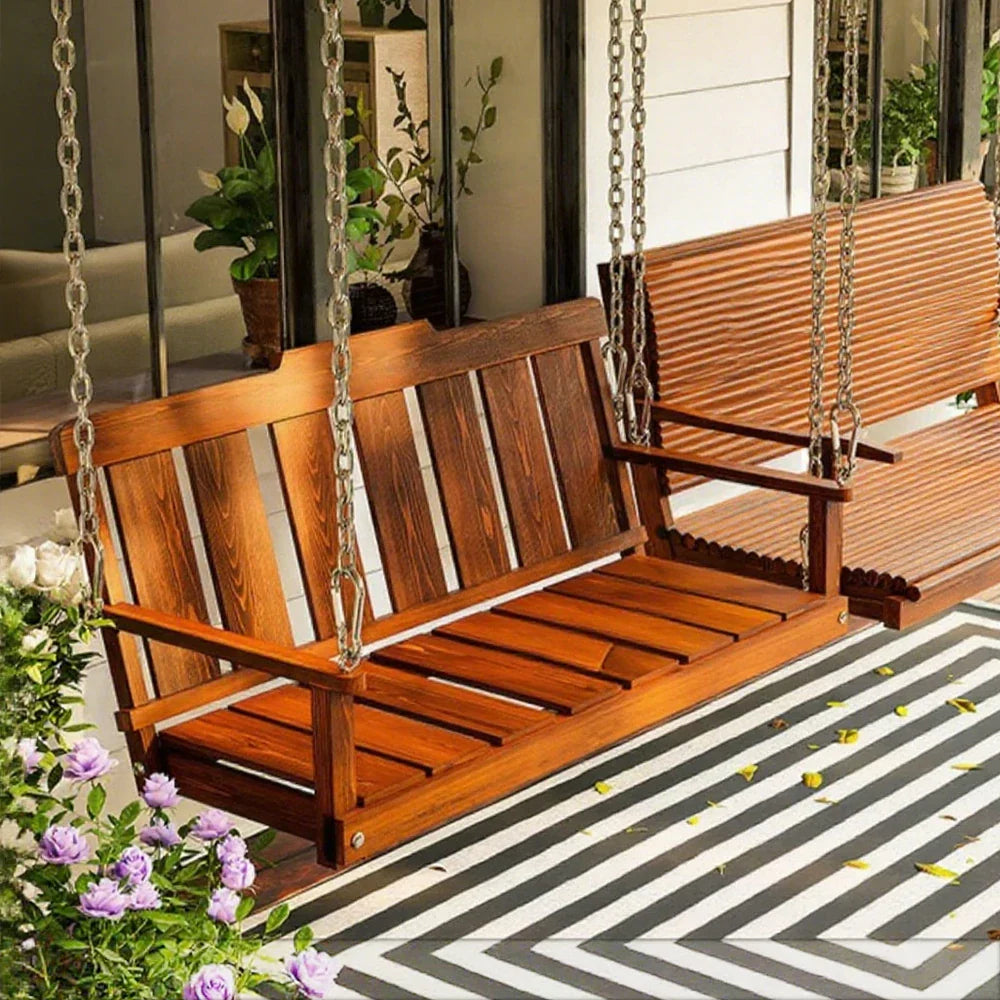 SOLARA Outdoor with Chain, Steel Garden Solid Seat 120cm Hanging Stainless Relaxation Finnish Swing Backrest - with Chair Patio Wood Brown