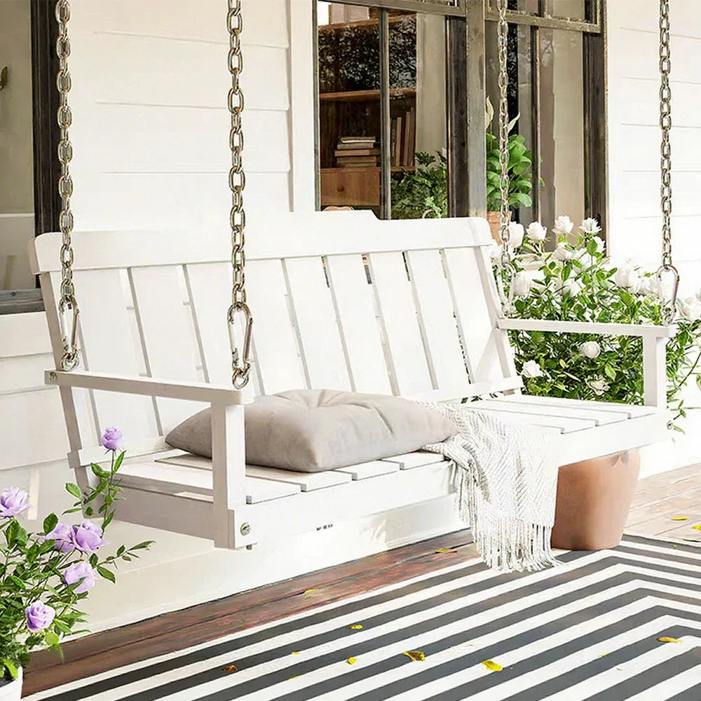 SOLARA Outdoor Solid Finnish Stainless Wood Hanging Steel Backrest with - with Garden Swing Seat Chain, 120cm Chair Relaxation Patio White