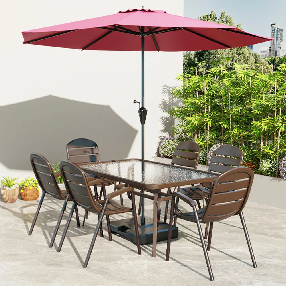 SOLARA Outdoor Chair Table, Steel Breathable Square Frame with Teslin Umbrella Sturdy Chairs, Glass Set - Table - Tempered Walnut