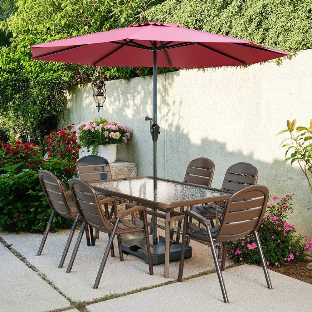 SOLARA Outdoor Chair Table, Steel Breathable Square Frame with Teslin Umbrella Sturdy Chairs, Glass Set - Table - Tempered Walnut