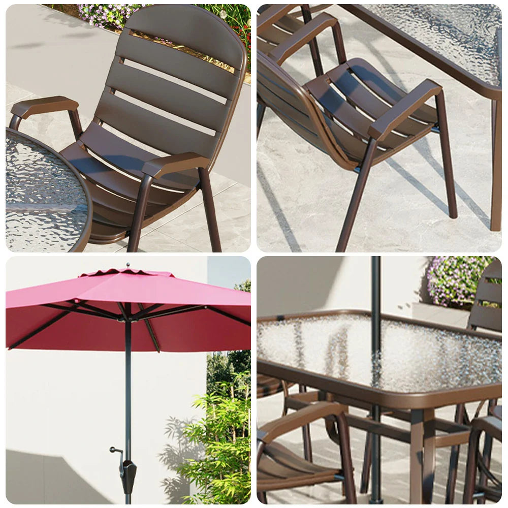 SOLARA Outdoor Chair Table, Steel Breathable Square Frame with Teslin Umbrella Sturdy Chairs, Glass Set - Table - Tempered Walnut
