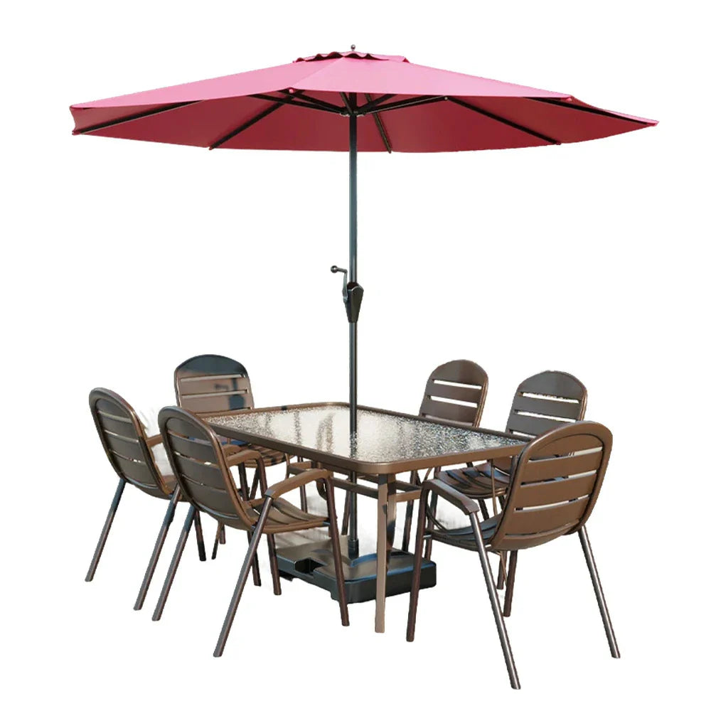 SOLARA Outdoor Chair Table, Steel Breathable Square Frame with Teslin Umbrella Sturdy Chairs, Glass Set - Table - Tempered Walnut