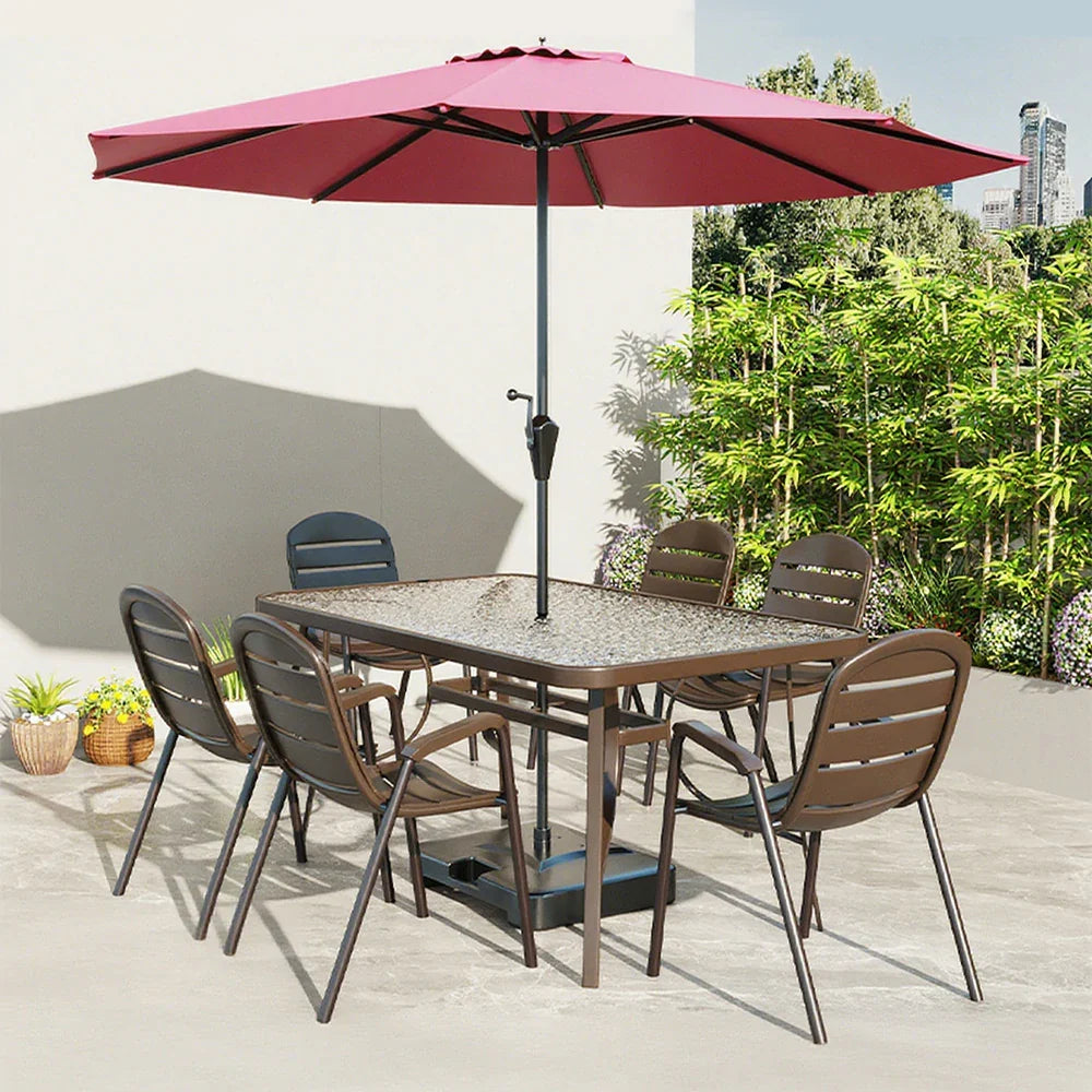 SOLARA Outdoor Glass Tempered Chair Steel Set Chairs, - Breathable - Table Umbrella Teslin Frame with Table, Round Sturdy Walnut