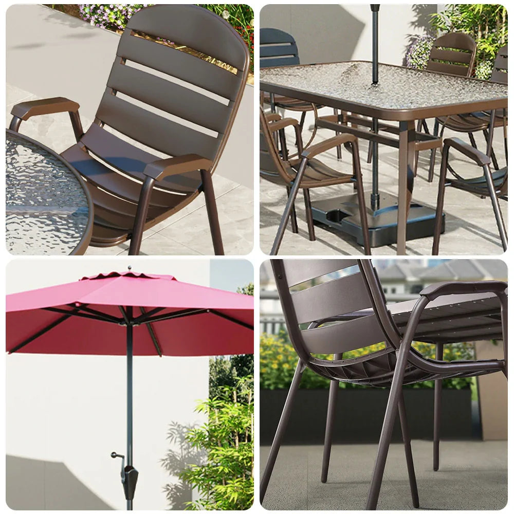 SOLARA Outdoor Glass Tempered Chair Steel Set Chairs, - Breathable - Table Umbrella Teslin Frame with Table, Round Sturdy Walnut