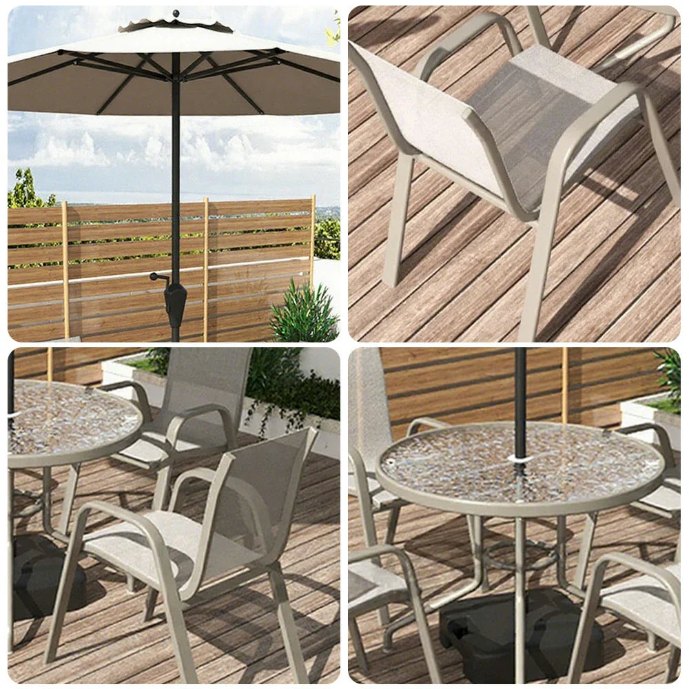 SOLARA Outdoor Chairs, Round Tempered Table Table, Frame Chair - Glass Umbrella Sturdy Breathable Set Teslin Steel with Khaki