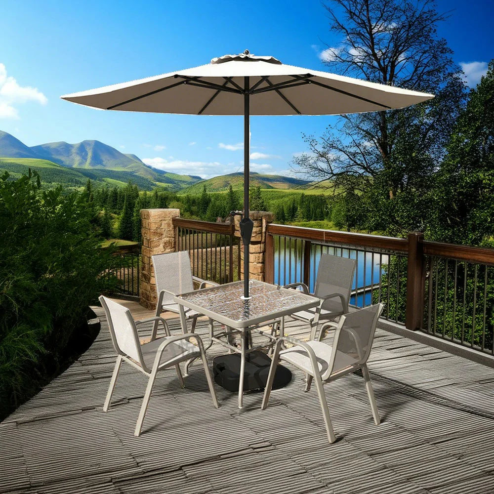SOLARA Outdoor Table Square Chairs, Frame Set Umbrella Chair Breathable Sturdy Glass - Table, Steel - with Tempered Teslin Khaki