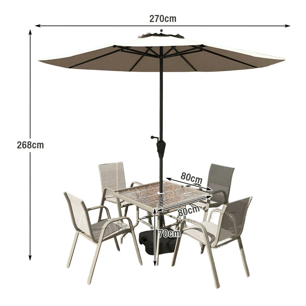 SOLARA Outdoor Table Square Chairs, Frame Set Umbrella Chair Breathable Sturdy Glass - Table, Steel - with Tempered Teslin Khaki